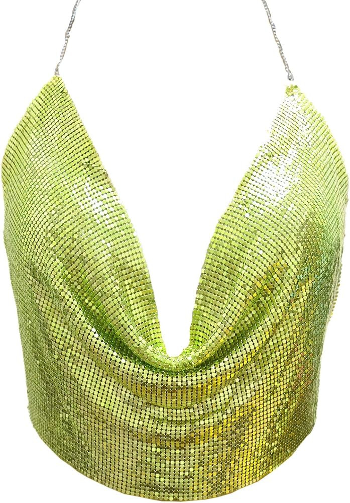 Croozy Women's Sexy Metallic Sequin Body Chain Shimmer Backless Halter Crop Top Adjustable Harnes... | Amazon (US)