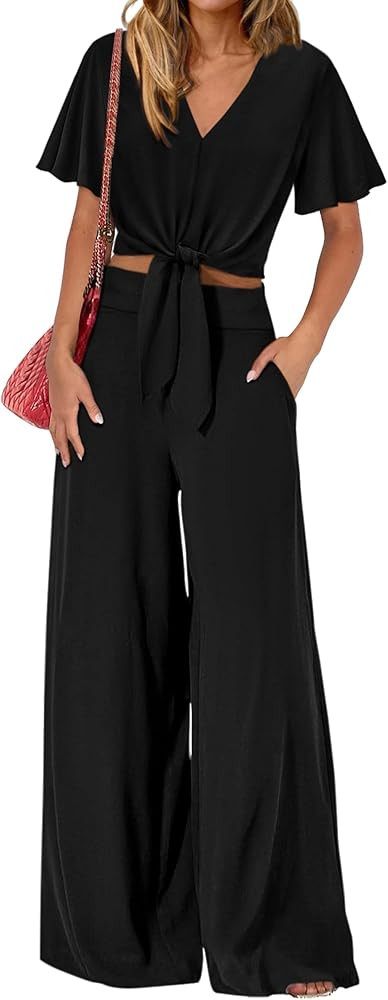 PRETTYGARDEN Women 2 Piece Summer Outfits Short Sleeve Strappy Top Wide Leg Pants Tracksuit Loung... | Amazon (US)