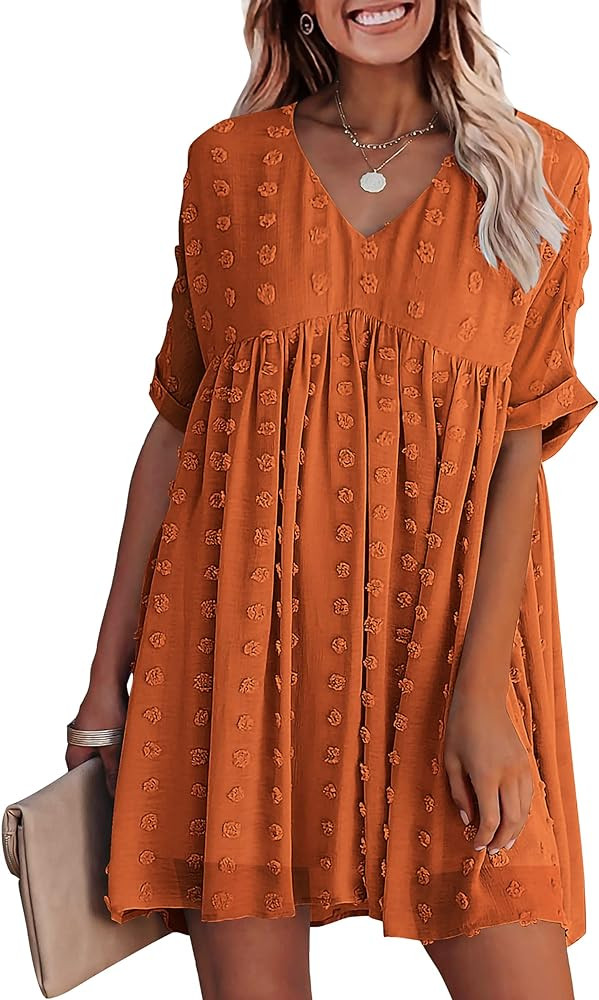 KIRUNDO 2023 Summer Womens Short Sleeve Mini Dress V Neck Flowy Casual Dress Swiss Dot Loose Shor... | Amazon (US)