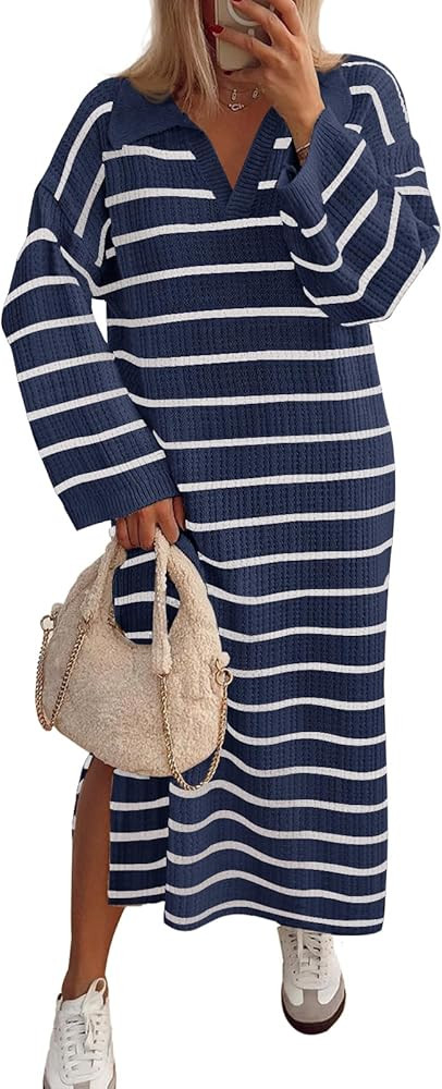 MEROKEETY Women's 2024 Long Sleeve Striped Sweater Dress V Neck Collared Slit Casual Knit Maxi Dr... | Amazon (US)
