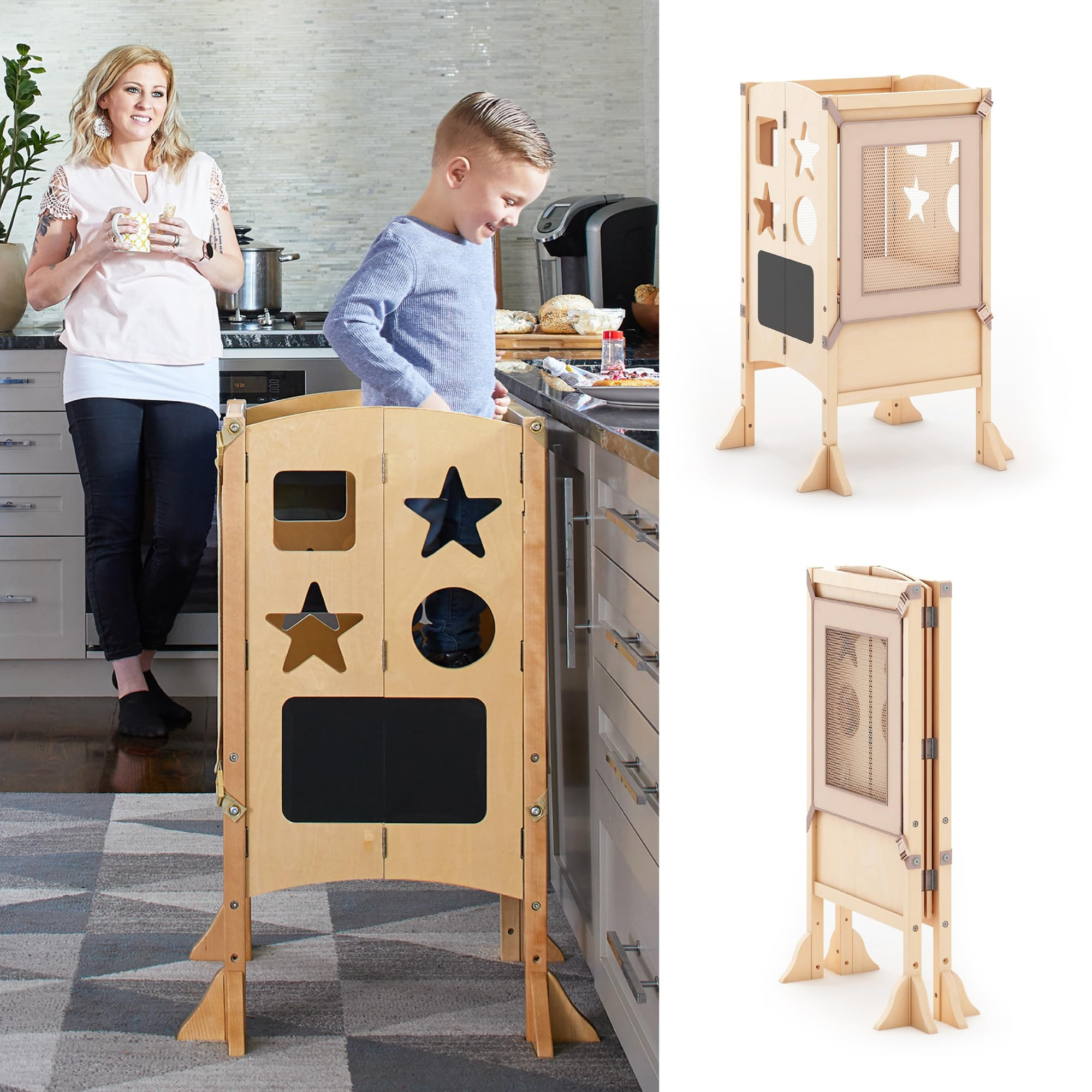 Guidecraft Classic Kitchen Helper® Toddler Tower and 2 Keepers - Natural: Folding Wooden Adjusta... | Amazon (US)