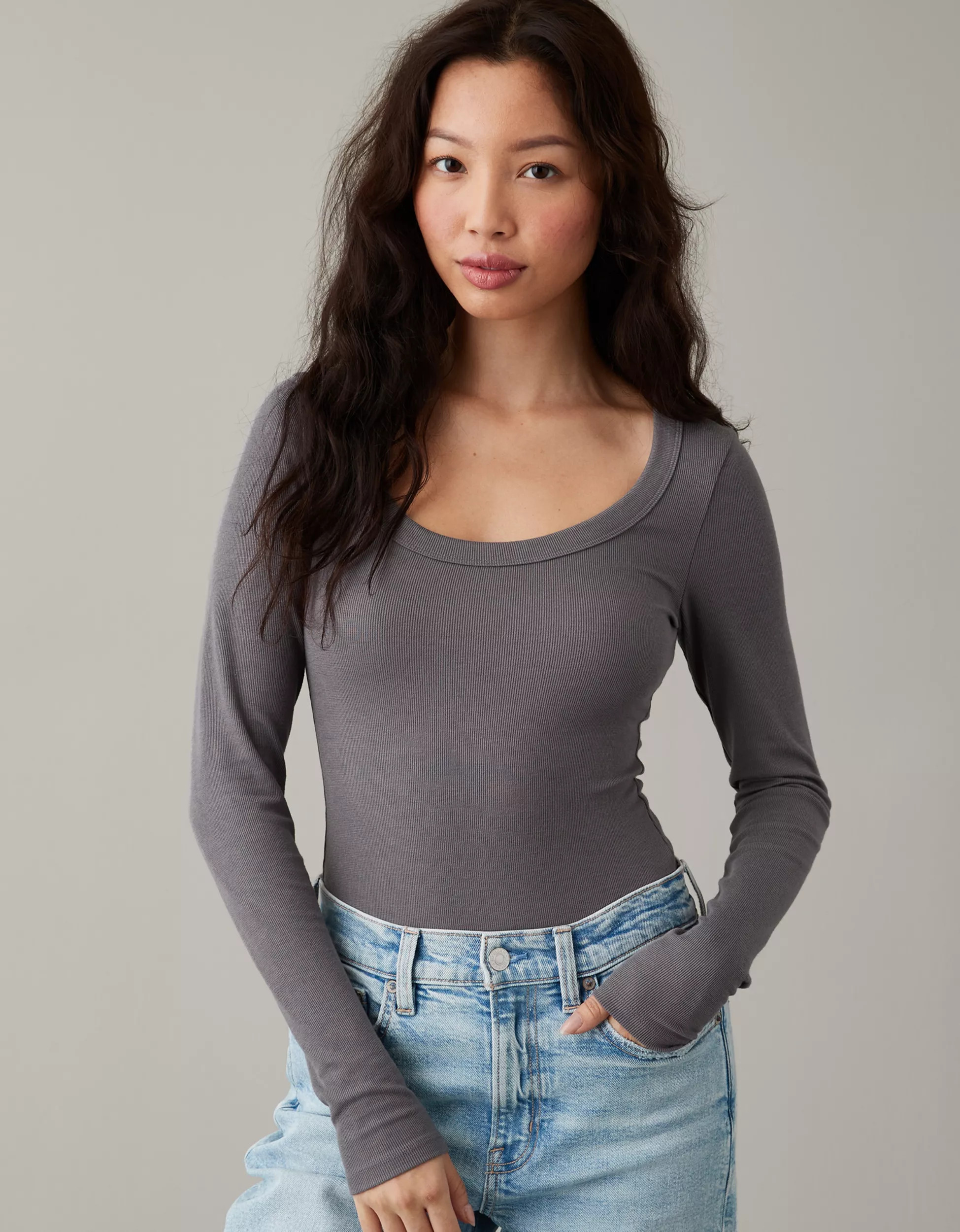 AE Long-Sleeve Scoop Bodysuit | American Eagle Outfitters (US & CA)