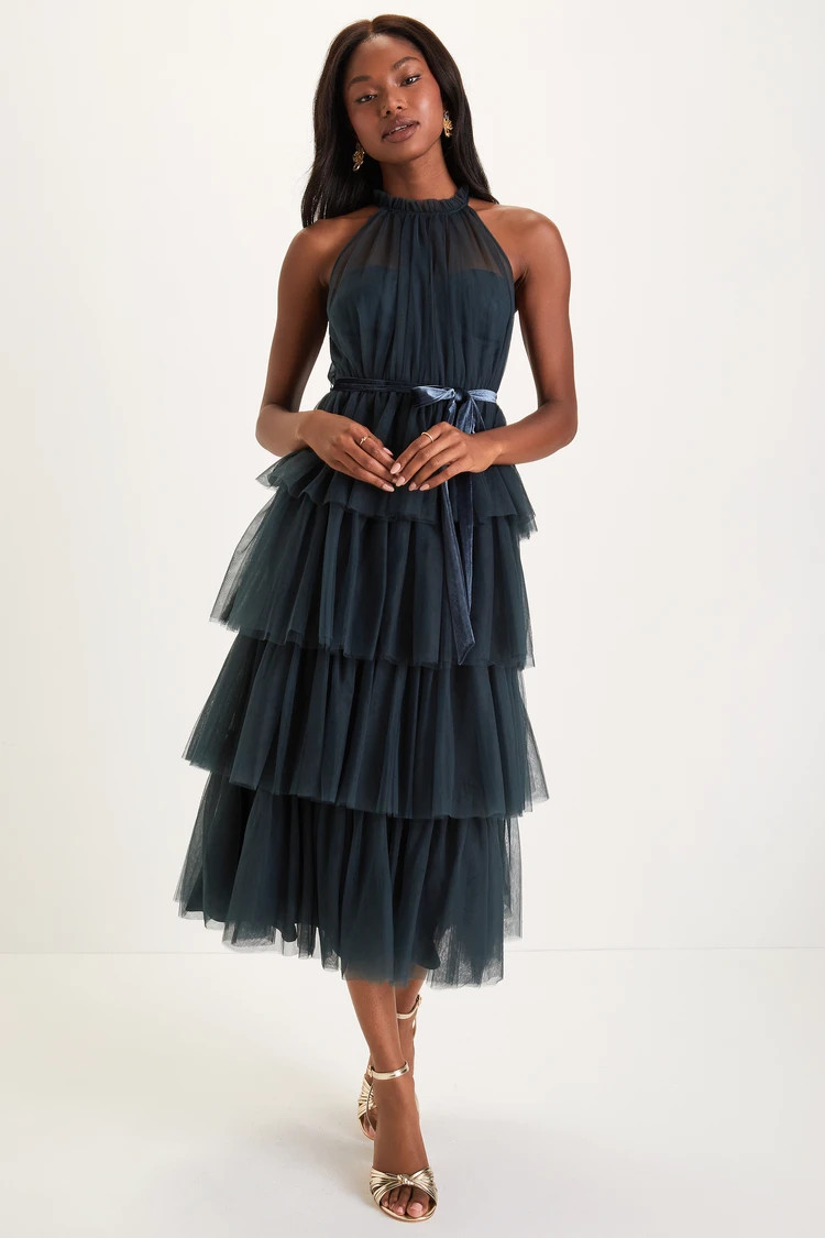 Wondrous Glamour Teal Green Tulle Tiered Halter Midi Dress | Lulus