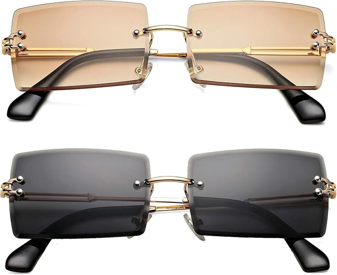 Rectangle Sunglasses for Men/Women Small Rimless Square Shade Eyewear | Amazon (US)