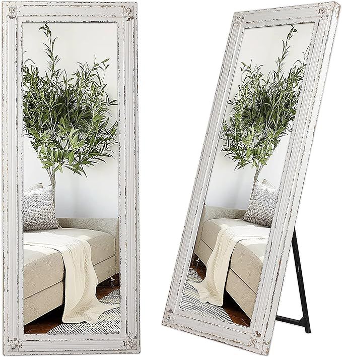 Rustic Full Length Mirror with Stand 60" x 24", Hanging White Farmhouse Big Mirror Full Body for ... | Amazon (US)