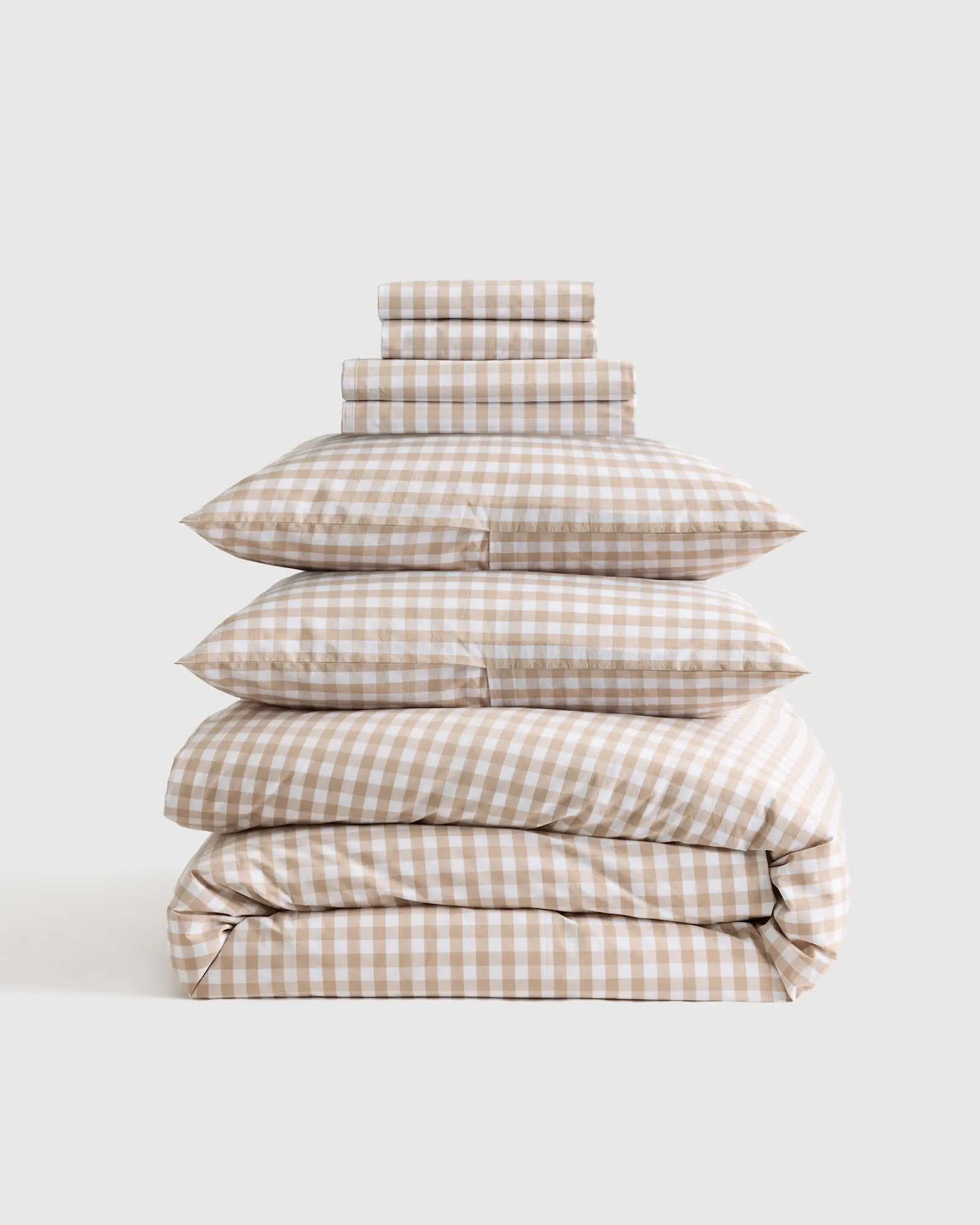 Classic Organic Percale Gingham Deluxe Bedding Bundle in Cafe | Quince
