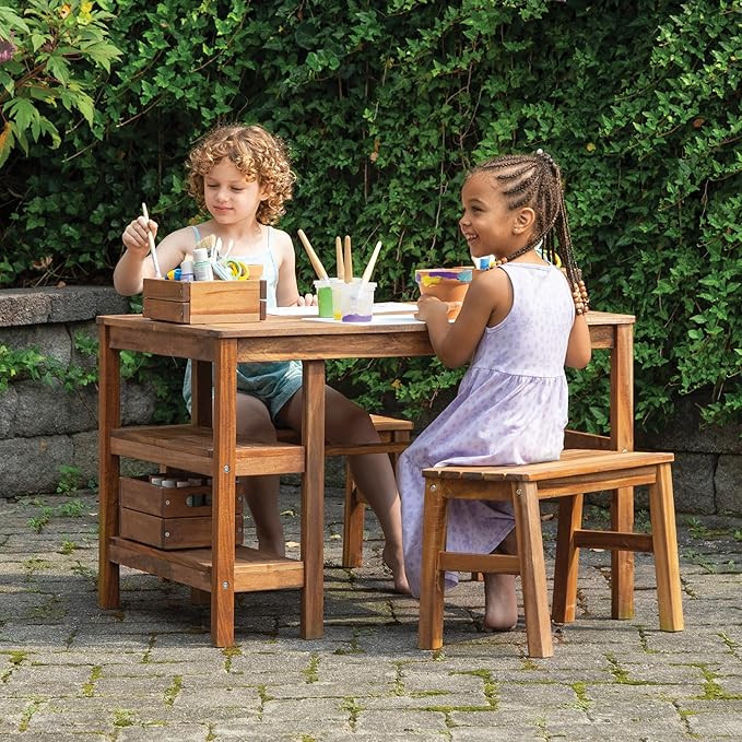 Martha Stewart Kids Outdoor Craft Table and 2 Bench Set: Acacia Wood Activity Desk w/Crate, Caddy... | Amazon (US)