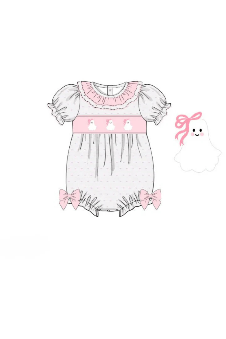 Pre-Order Smocked Pink Swiss Dot Bow Ghost Bubble | The Smocked Flamingo