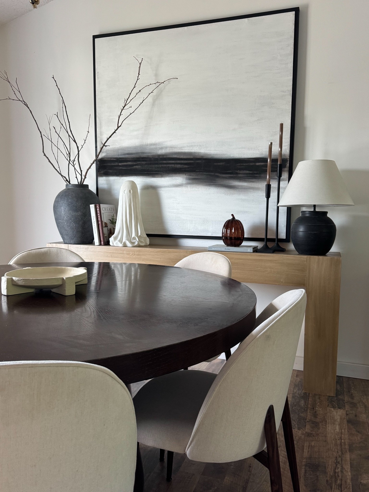 Fall-o-ween dining 

Ghost- homegoods wall art- made branches- real 

#diningroom #falloween #falldecor

#LTKHome #LTKSeasonal