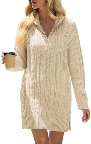 Saodimallsu Womens Cable Knit Mini Sweater Dress Quarter Zip Long Sleeve V Neck Collared Pullover... | Amazon (US)