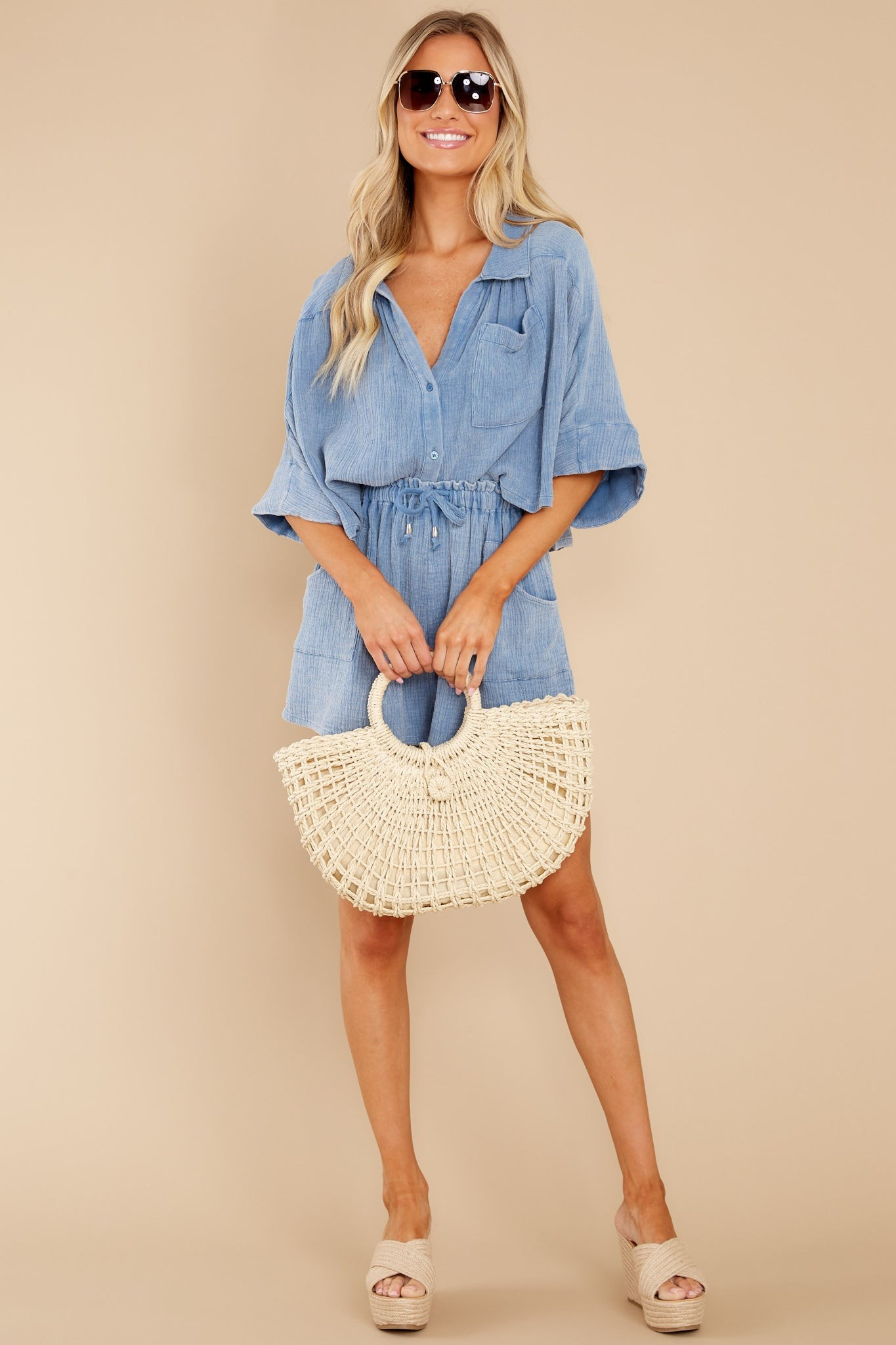 No Place Like Home Blue Top | Red Dress 