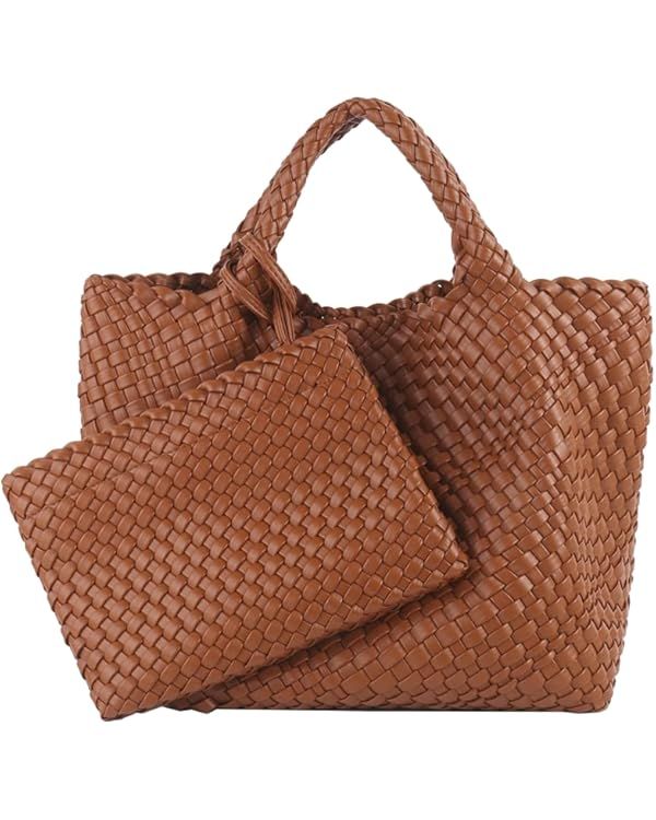 Woven Tote Bag, Women Macaron Soft Leather Weave Handbag Purse Wrist Bag Large Capacity Work Shop... | Amazon (US)