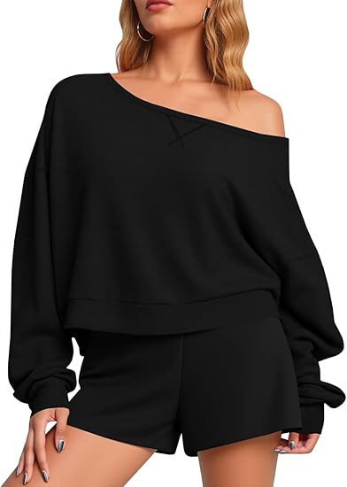 Fisoew Womens Off The Shoulder Crop Tops Casual Long Sleeve Oversized Fall Pullover Sweatshirts | Amazon (US)