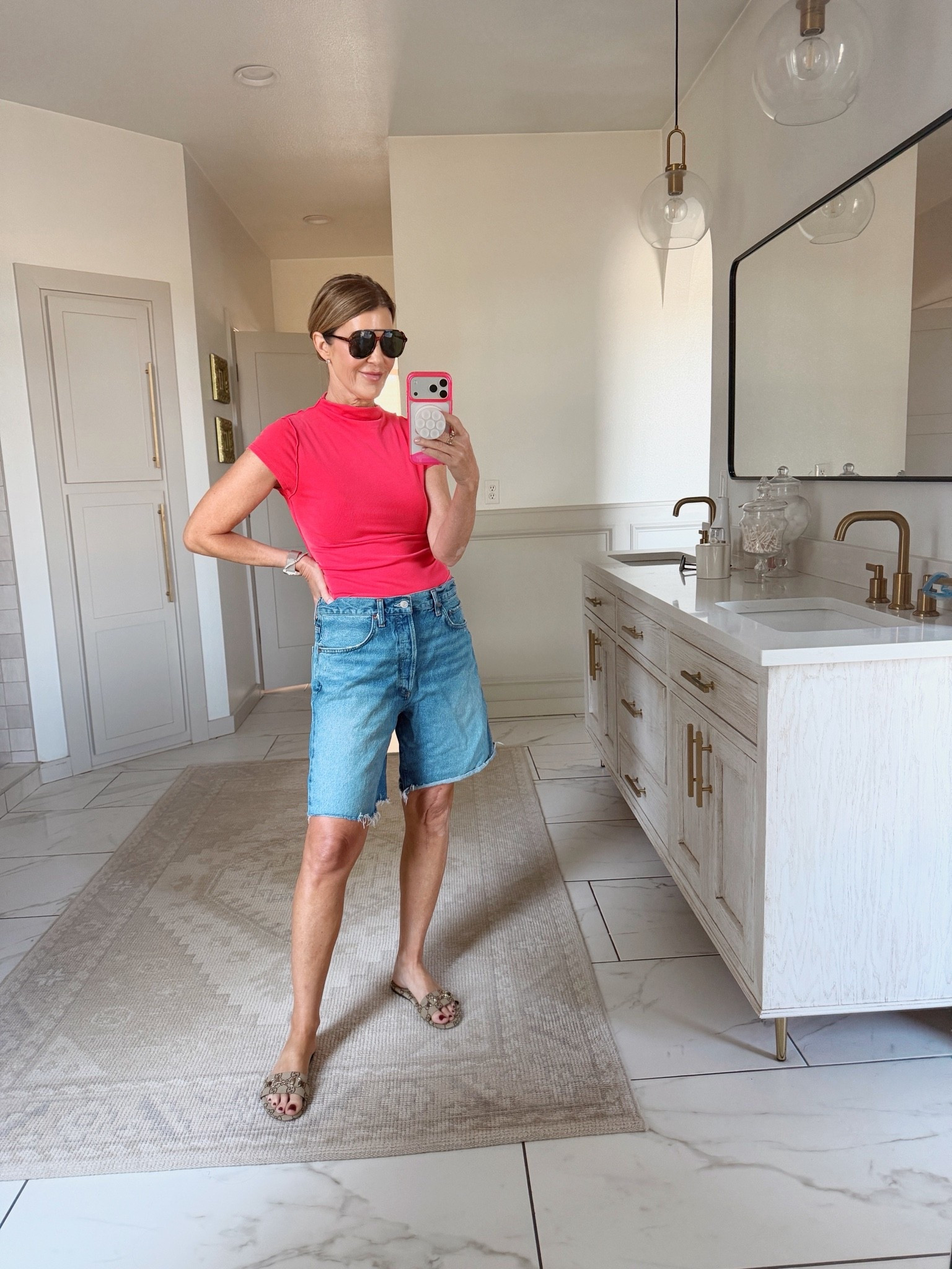 I recommend sizing down at least 1 in low slung shorts
Size medium tee

#LTKOver40 #LTKootd