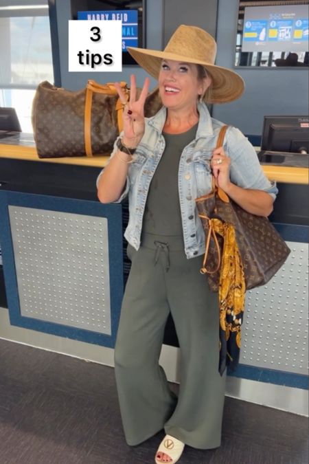 Today, on instagram I shared 3 tips to packing for a trip, in a carry on✔️🧳

My Travel look is a Spanx jumpsuit in olive! So easy for travel✔️
It’s tank top style and wide leg!
I am in med tts and oh so soft with pockets!
Love it♥️♥️♥️

I paired it with my go to Kut from kloth denim jacket tts 

Valentino slides tts 
Lack of color hat

#LTKstyletip #LTKtravel #LTKSeasonal