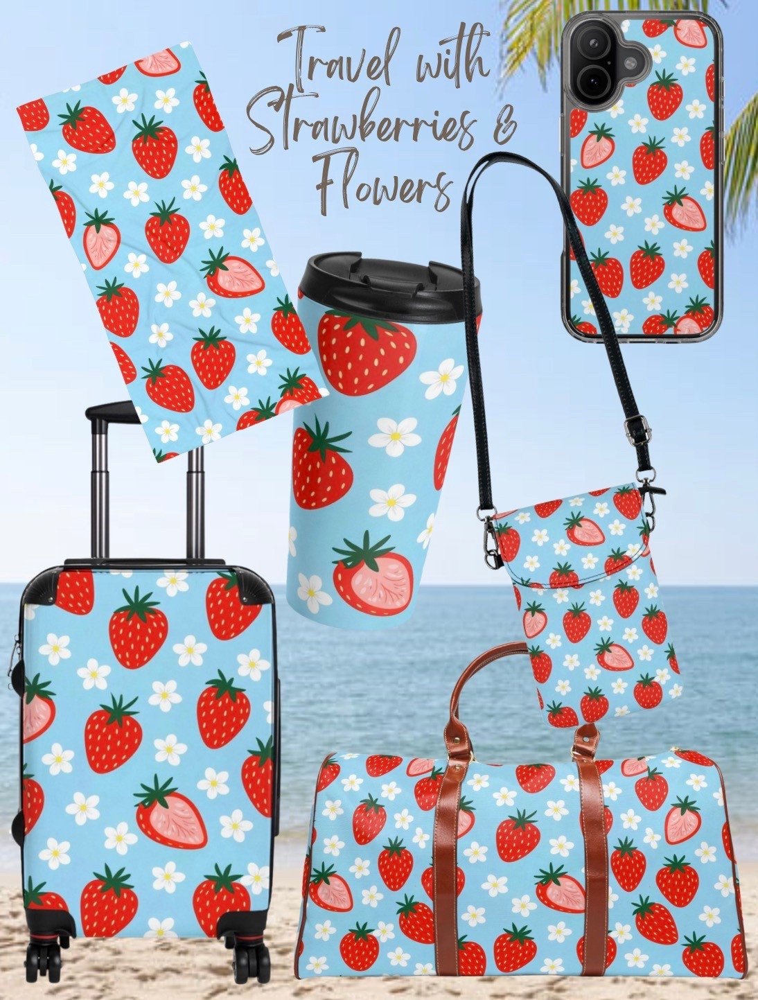 Why not have fun with your travel accessories? Cute strawberries & white violets decorate everything you need to travel! #travelaccessories #strawberries #whiteviolets #luggage 

#LTKTravel #LTKActive #LTKselfcare