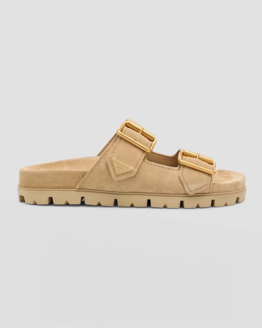 Prada Suede Double-Buckle Slide Sandals | Neiman Marcus