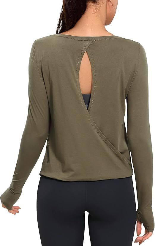 CRZ YOGA Women's Pima Cotton Long Sleeve Workout Shirts Open Back Yoga Tops Classic Fit Activewea... | Amazon (US)