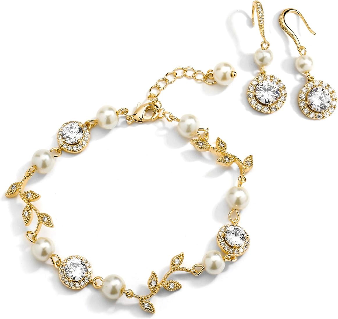 14K Gold Plated Ivory Pearl CZ Bridal Bracelet & Earrings Set - Wedding Jewelry for Bridesmaids | Amazon (US)