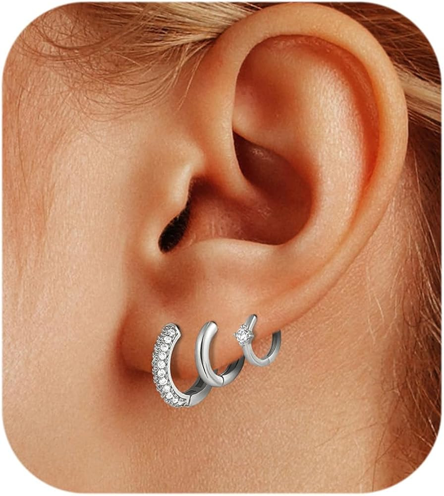 Gold Hoop Earrings Set for Women, 3 Pairs 14K Gold Plated Huggie Hoop Earring Hypoallergenic, Dai... | Amazon (US)