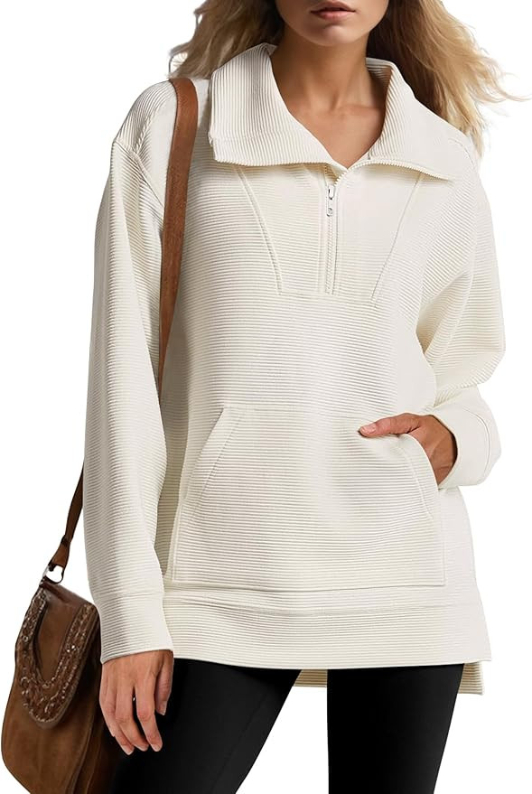 ANRABESS Womens Quarter Zip Oversized Long Sleeve Ribbed Knit Tunic Sweatshirts | Amazon (US)