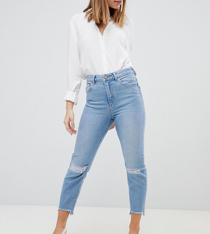 ASOS DESIGN Petite Farleigh High Waist Slim Mom Jeans In Zaliki Light Vintage Wash WITH BUSTED KNEE AND Rip & Repair - Blue | ASOS US
