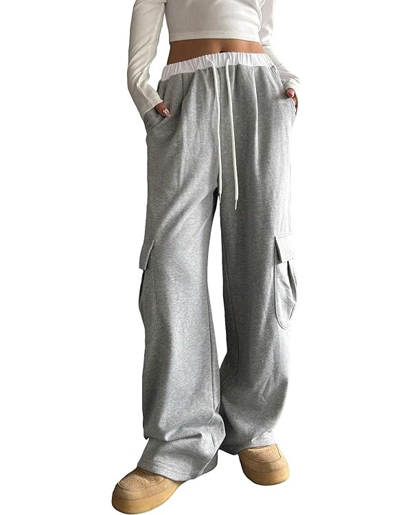 Floerns Women's Drawstring Waist Wide Leg Cargo Pants High Waist Jogger Pants with Pocket | Amazon (US)