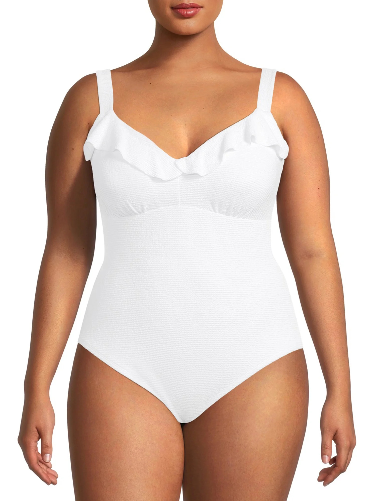 Social Angel Women's Plus Size Ribbed Ruffle One-Piece Swimsuit | Walmart (US)