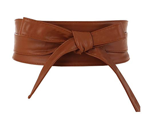 Aecibzo Women's PU Leather Self Tie Wrap Around Obi Waist Band Cinch Boho Belt (Brown, Fit waist 22”-34.5”) | Amazon (US)