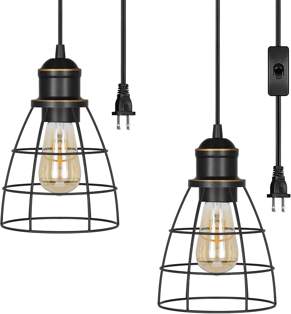 DEWENWILS Plug in Pendant Light, Black Farmhouse Cage Pendant Light Fixtures with 15FT Cord, Hang... | Amazon (US)