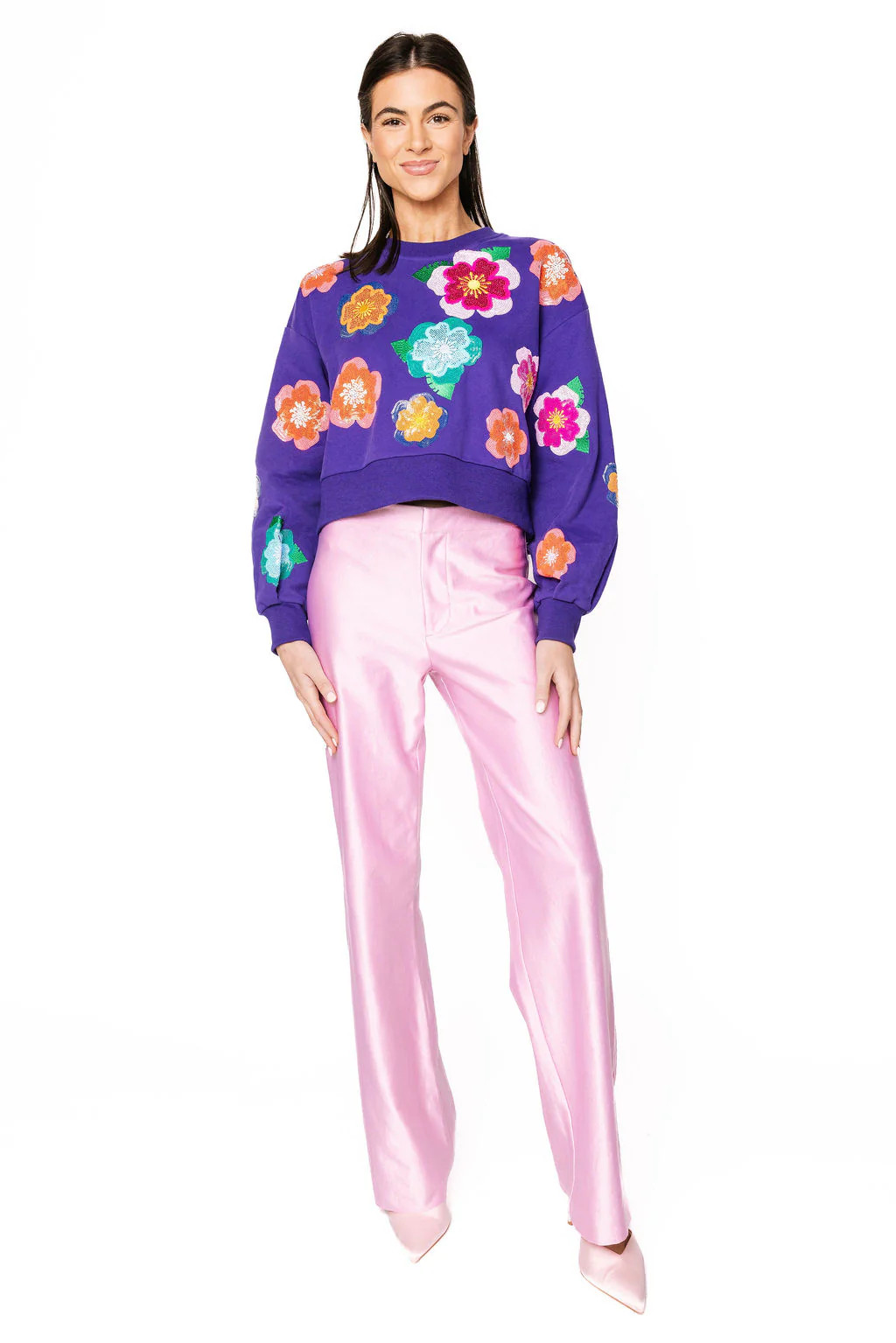 Bright Purple Multi Float Flower Sweatshirt | Queen of Sparkles