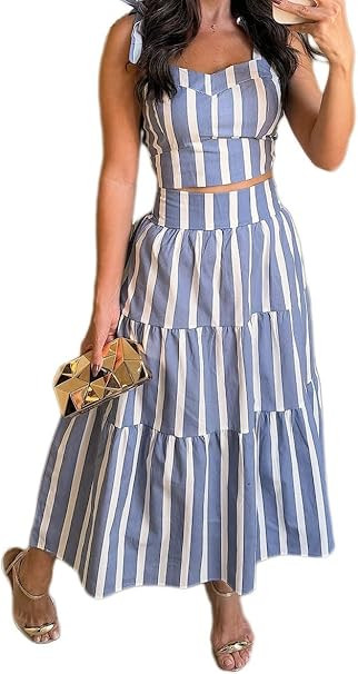 ksotutm Summer Outfits for Women Halter Tops High Waist A Line Maxi Skirt Striped Two Piece Sets ... | Amazon (US)
