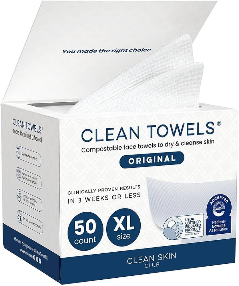 Clean Skin Club Clean Towels XL\u00ae, 100% USDA Biobased Face Towel, Disposable Face Towelette, ... | Amazon (US)