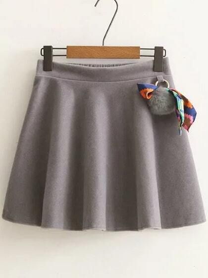 Grey Elastic Waist A Line Skirt With Pom | SHEIN
