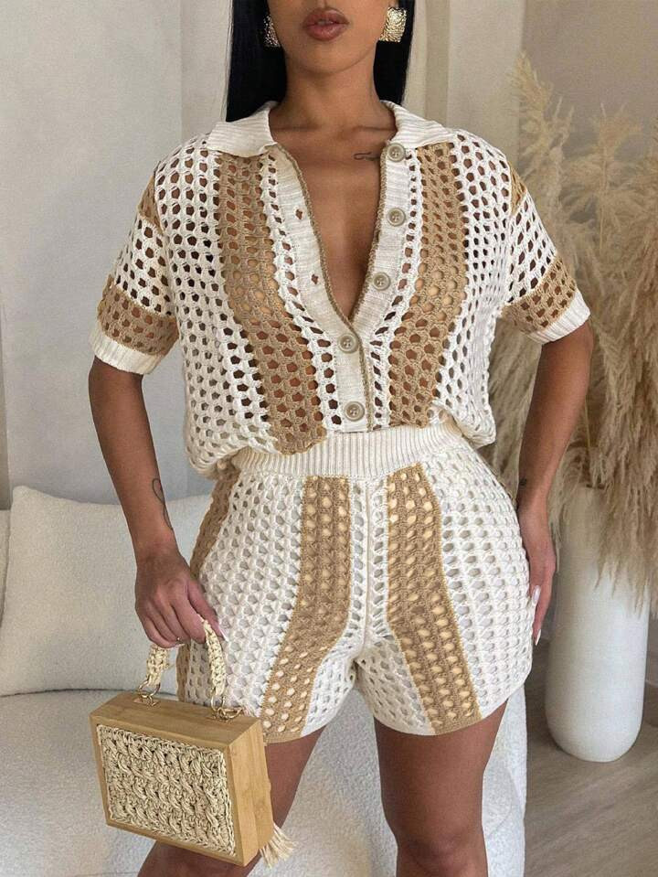 Colorblock Button Front Pointelle Knit Cardigan & Knit Shorts | SHEIN