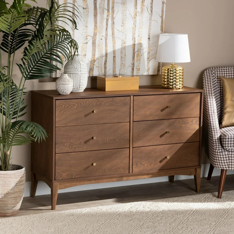 Baxton Studio Landis Mid-Century Modern Ash Walnut Finished Wood 6-Drawer Dresser | Walmart (US)