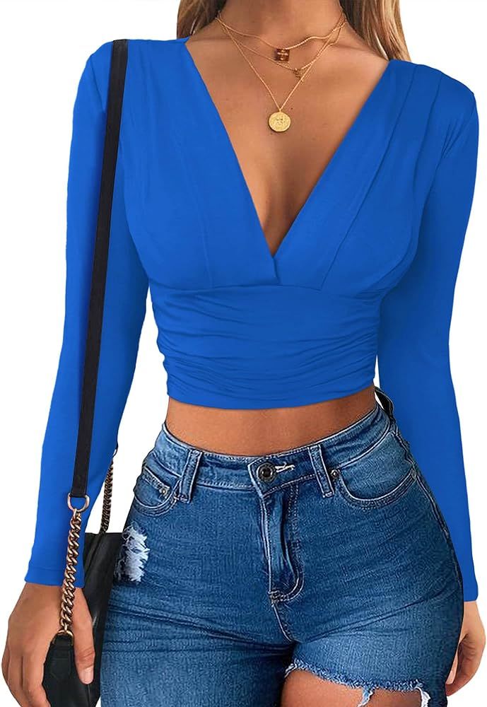 FENSACE Womens Deep V Neck Long Sleeve Ruched Unique Sexy Slim Fit Crop Top Tee T-Shirt | Amazon (US)