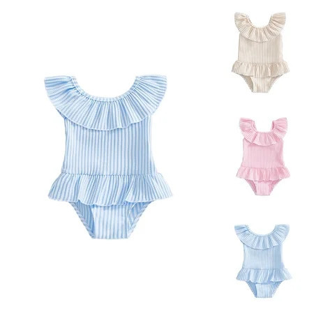 Striped Sleeveless Tankini Swimsuit, One Piece Ruffled Swimwear for Toddler Baby Girls, Seersucker Summer Bathing Suit | Walmart (US)