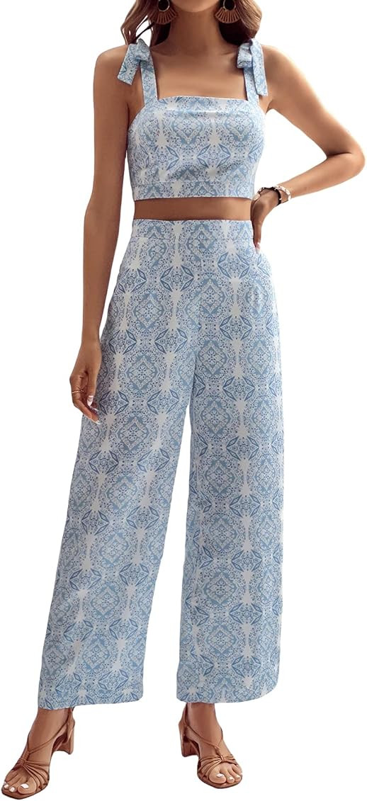 Floerns Women's 2 Piece Boho Floral Print Knot Shoulder Zip Back Crop Cami Top and Maxi Pants Set | Amazon (US)