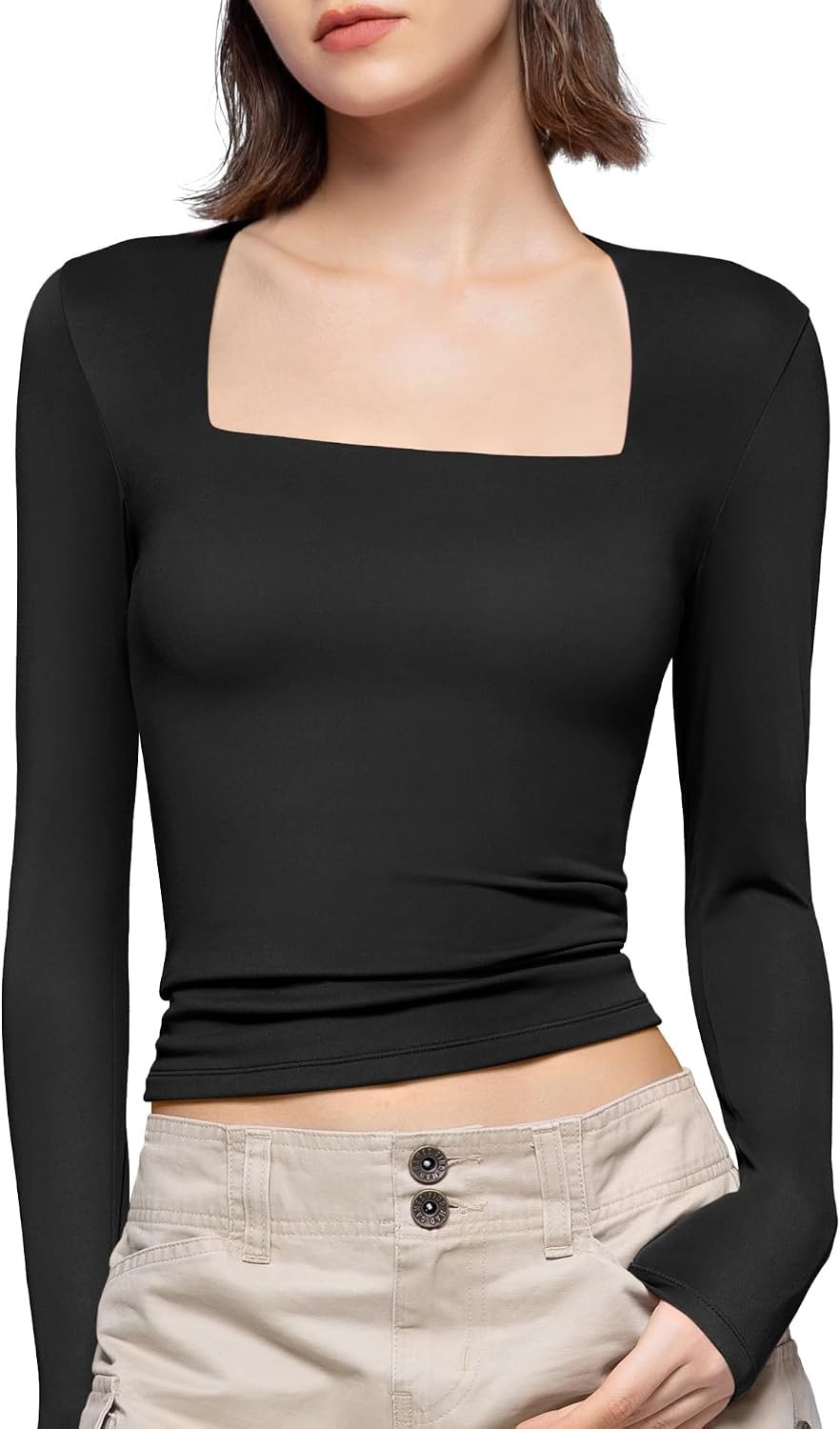 PUMIEY Women's Square Neck Long Sleeve T Shirts Slim Fit Tops Basic Tee Smoke Cloud Pro Collection | Amazon (US)
