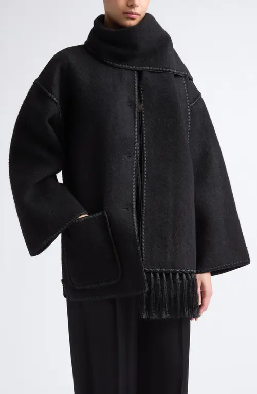 TOTEME Chain Stitch Wool Blend Scarf Jacket in Black at Nordstrom, Size 32 | Nordstrom