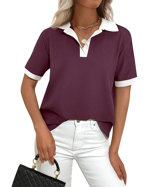 PRETTYGARDEN Summer Short Sleeve Polo Shirts for Women Collared V Neck Work Dressy Tops Knit Loos... | Amazon (US)