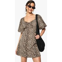 boohoo Women's Leopard Puff Sleeve Mini Dress in Brown | Size: 4 | Polyurethane | boohoo (US & Canada)