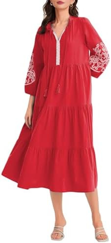 Ladyful Womens Summer Tiered Maxi Cotton Dress Tassel Embroidered 3/4 Sleeve V Neck Flowy Fall Va... | Amazon (US)