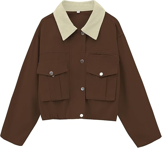 Womens Cropped Jacket Contrast Collar Utility Coat Cargo Jacket Barn Jacket Outwear with Pockets | Amazon (US)
