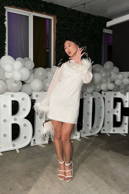 White Sequin Feather Dress: size XS
Strappy Heels: true to size

Bridal, wedding, monochrome, chic, night out, date night, bachelorette 

#LTKshoecrush #LTKparties #LTKitbag