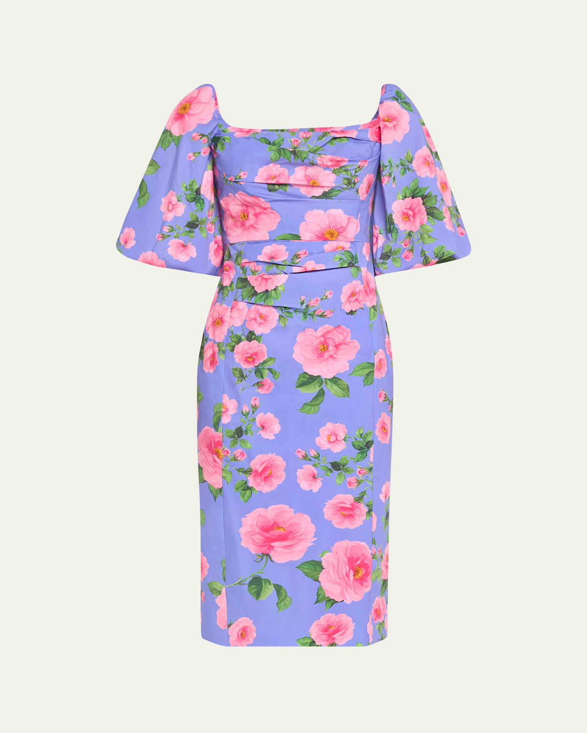 Floral Print Ruched Midi Dress with Puff Sleeves | Bergdorf Goodman