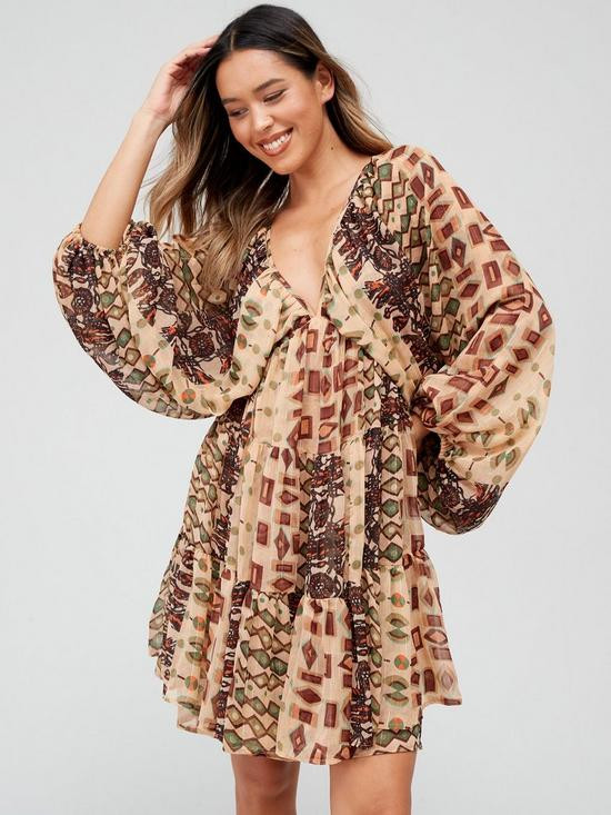 Balloon Sleeve Tie Back Mini Beach Dress - Multi | Very (UK)