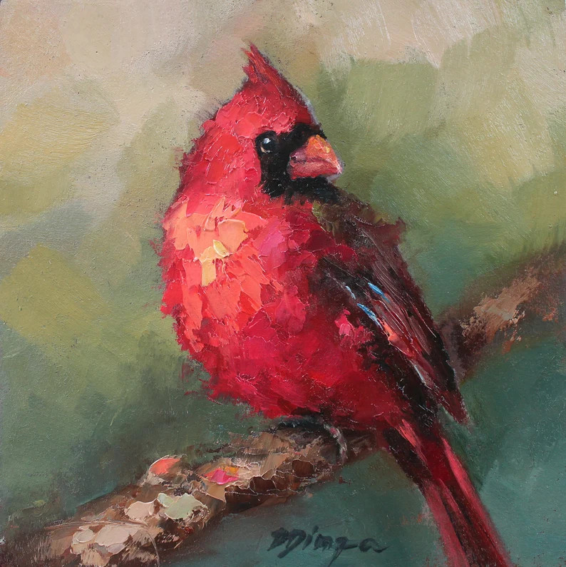 Red Cardinal CUSTOM Original Oil Painting by Daiga Dimza Handmade Bird Wall Art Fine Gift for Her... | Etsy (US)