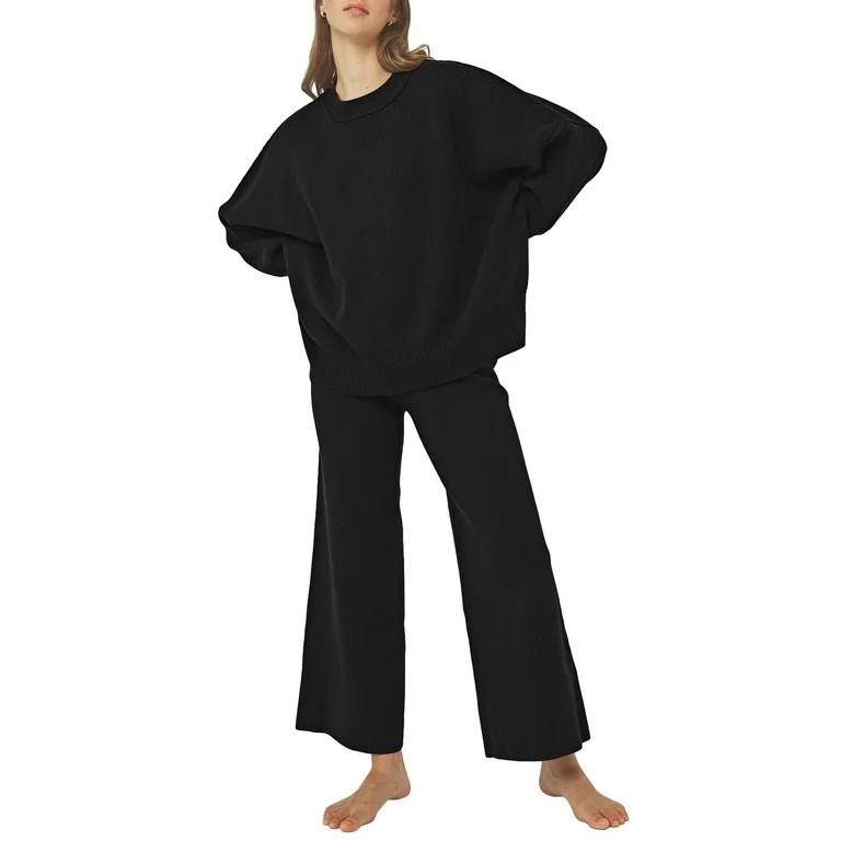 Pink Queen 2 Piece Sweater Sets for Women 2024 Loose Long Knit Pullover and Pants Black S | Walmart (US)